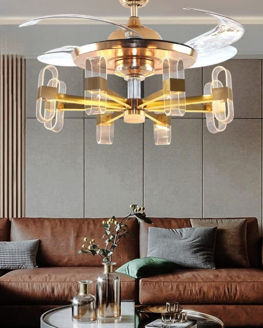 6 Light Crystal Transparent Ceiling Fan Chandelier with Remote