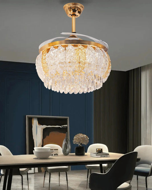 Crystal Leaf Retractable Ceiling Fan Chandelier Light