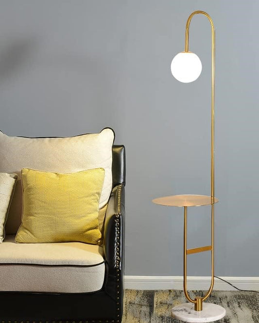 Arc floor lamp over shop dining table