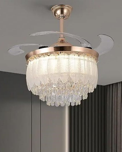 Feather Glass Crystal Ceiling Fan Chandelier With Remote