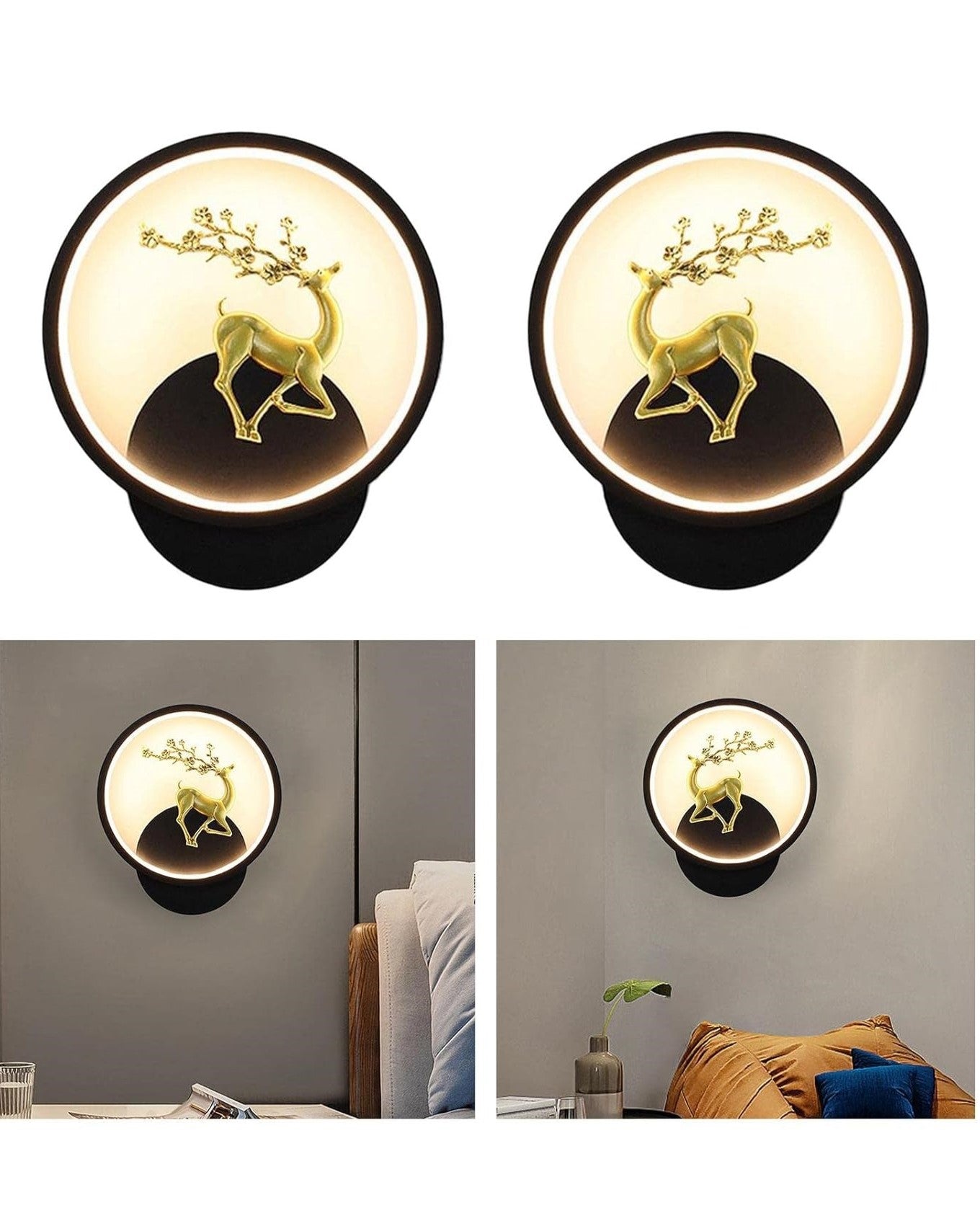 Golden Deer Round Led Wall Sconce - Black - R