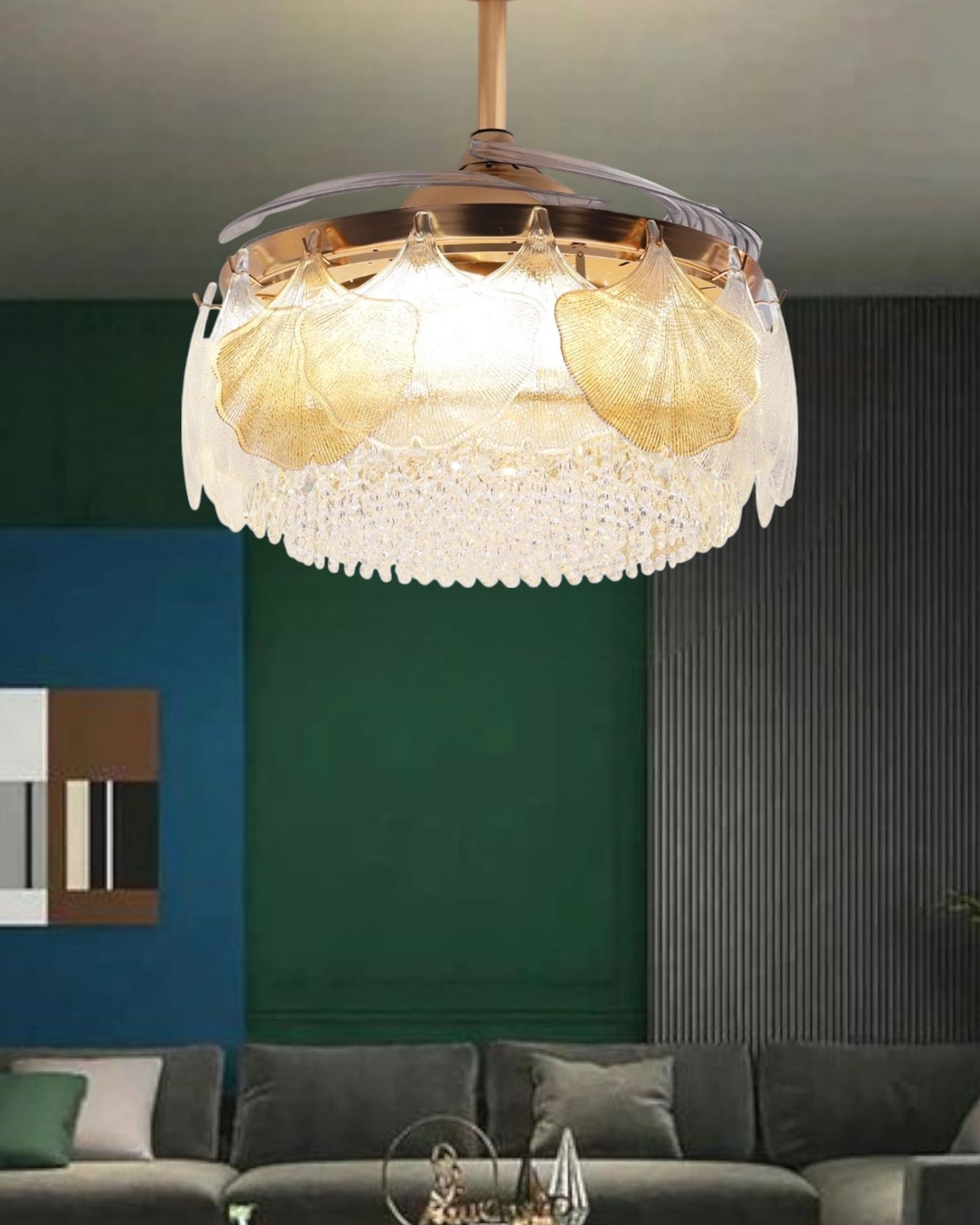 Crystal Fan Chandelier With Retractable Invisible Blade