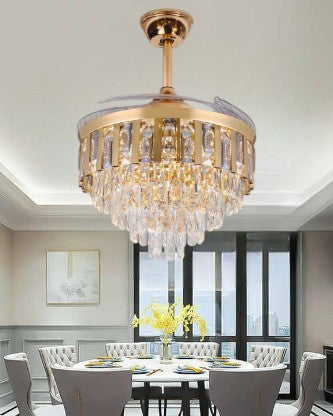 Golden Crystal Retractable Ceiling Fan Chandelier Light