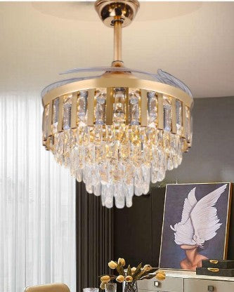 Golden Crystal Retractable Ceiling Fan Chandelier Light